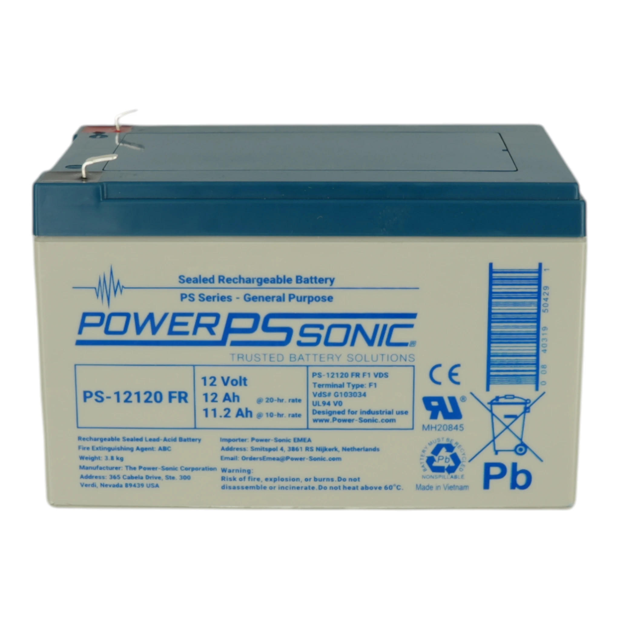 Power Sonic Battery 12Ah - 12V Flame Retardant Used in Vigilon Compact, Sentri2 & S4-34440-12 MPI — Hero